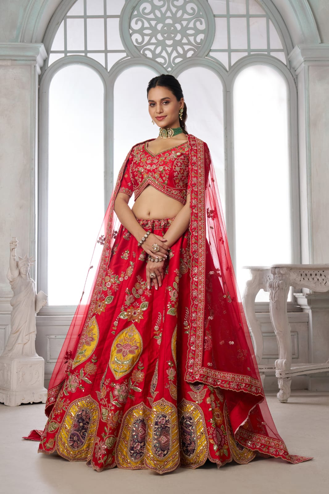 Red Bridal Lehenga Choli with Multicolor Royal Patchwork Embroidery