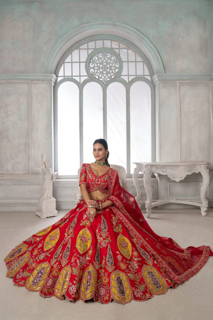 Red Bridal Lehenga Choli with Multicolor Royal Patchwork Embroidery