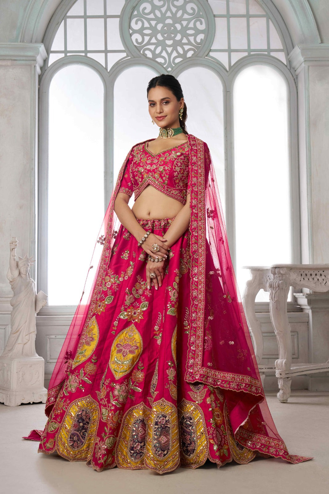 Rani Pink Bridal Lehenga Choli with Multicolor Royal Embroidery