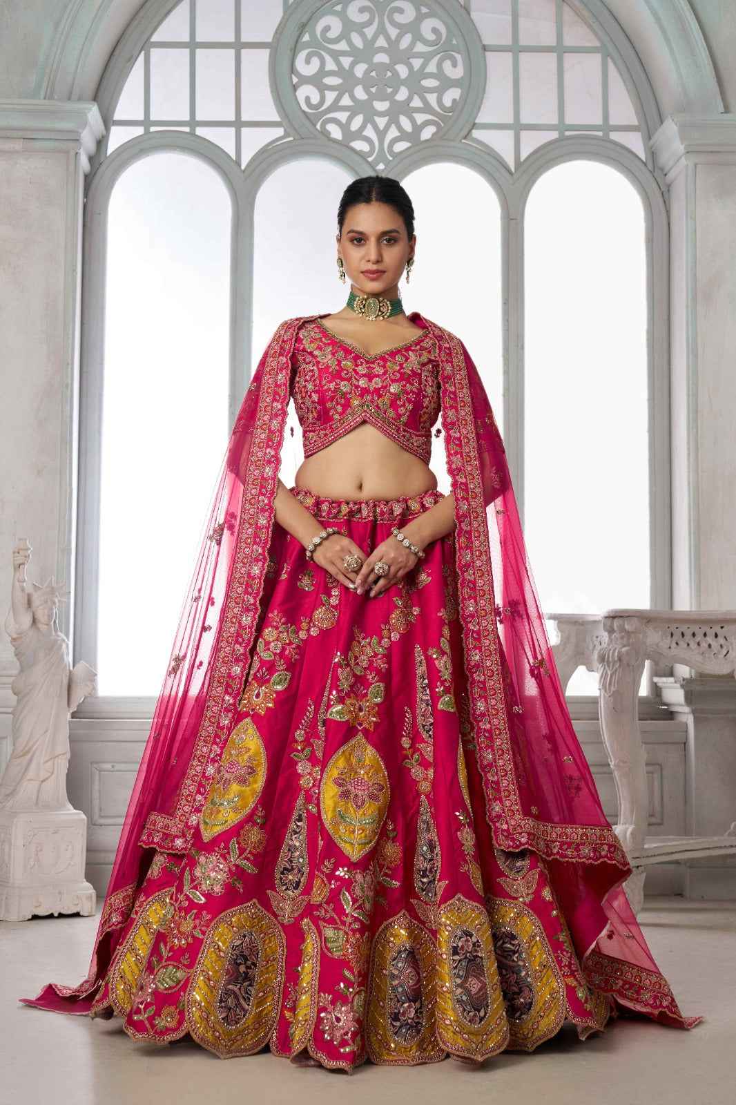 Rani Pink Bridal Lehenga Choli with Multicolor Royal Embroidery