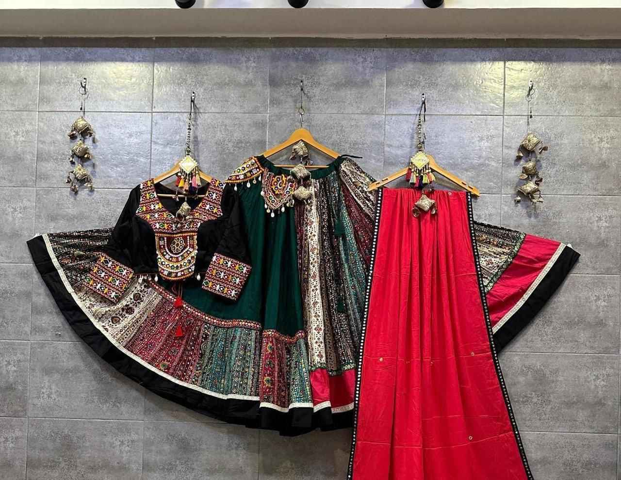 Green &amp; Black Pure Jaam Cotton Chaniya Choli with Multi Gamthi Work