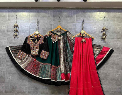 Green &amp; Black Pure Jaam Cotton Chaniya Choli with Multi Gamthi Work