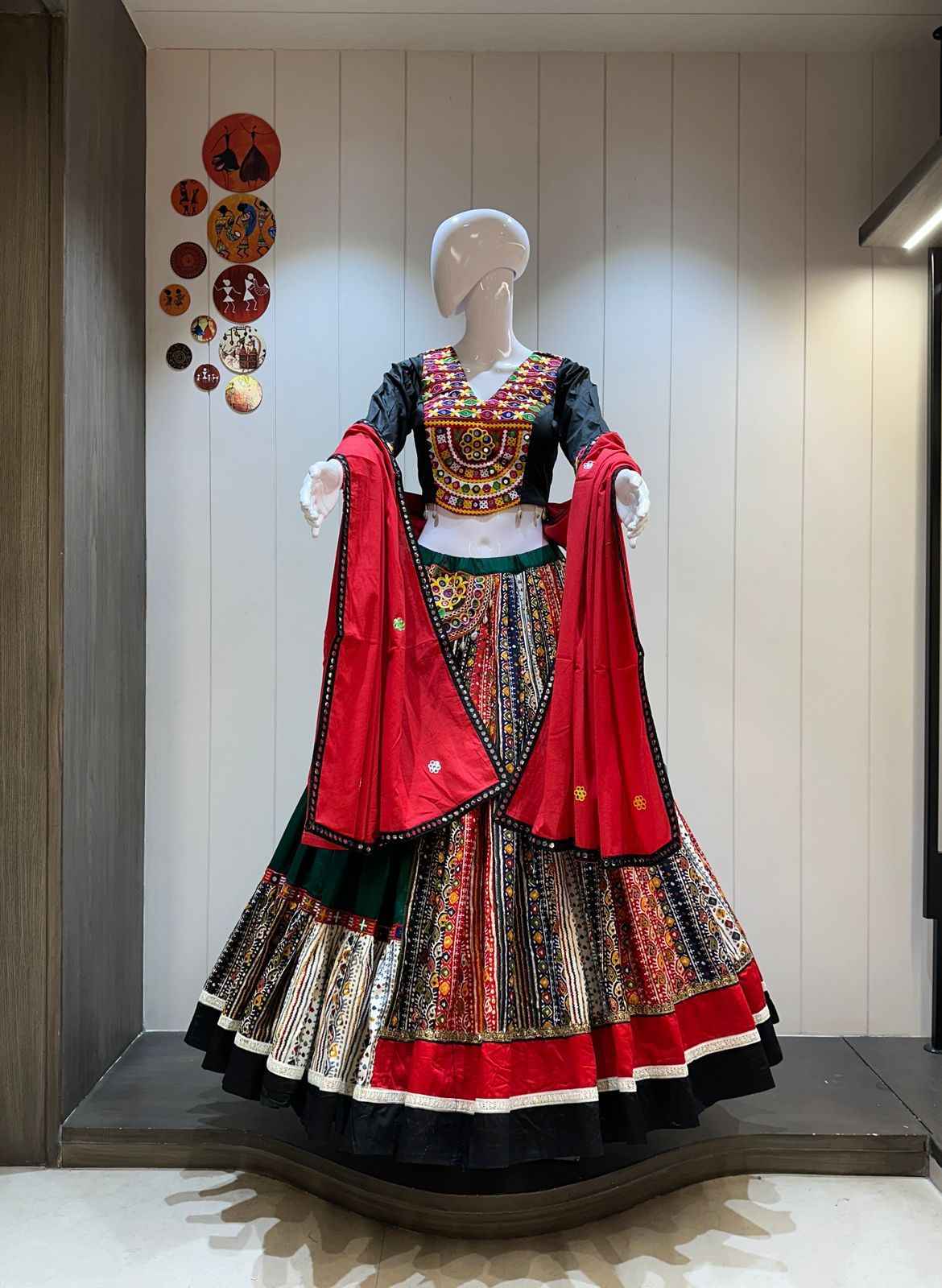 Green &amp; Black Pure Jaam Cotton Chaniya Choli with Multi Gamthi Work