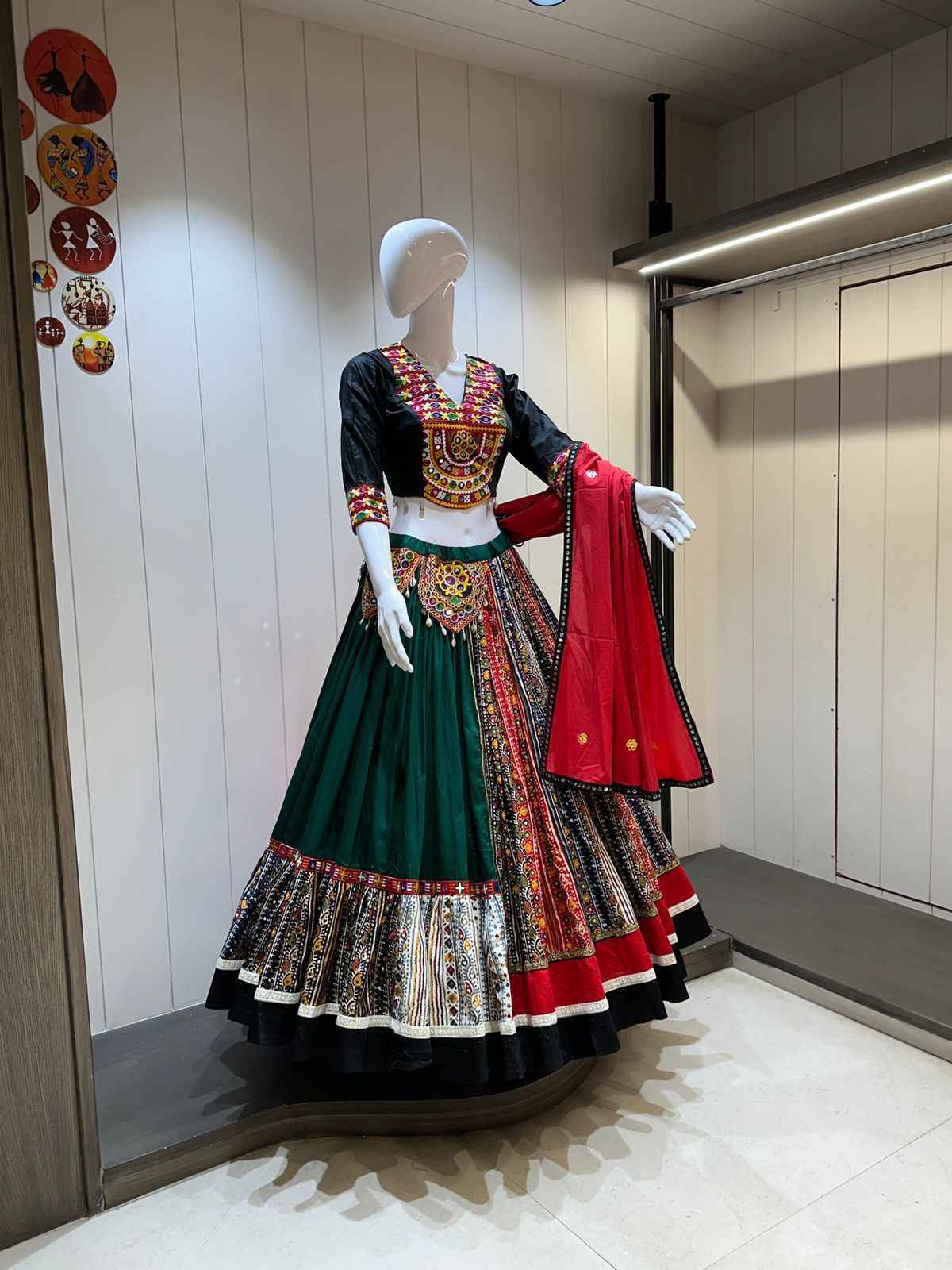 Green &amp; Black Pure Jaam Cotton Chaniya Choli with Multi Gamthi Work