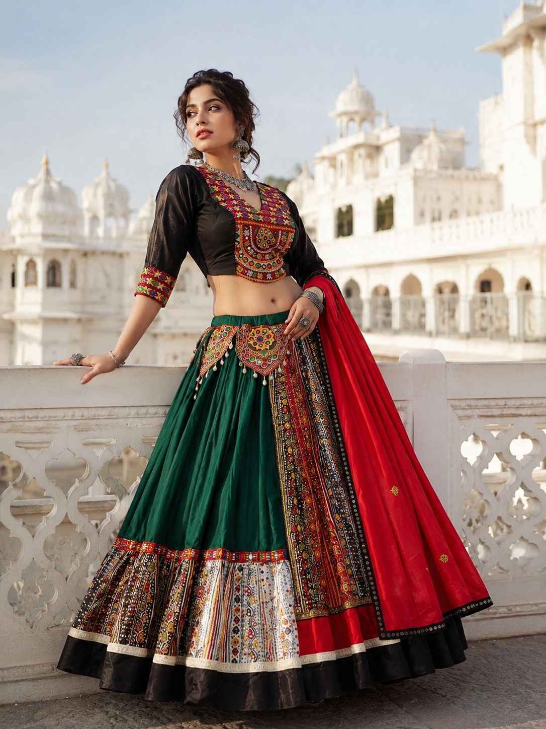 Green &amp; Black Pure Jaam Cotton Chaniya Choli with Multi Gamthi Work