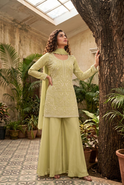 Pistachio Green Premium Chinon Beads Work Sharara Suit