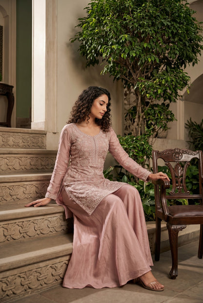 Blush Pink Premium Chinon Beads Work Designer Sharara Suit