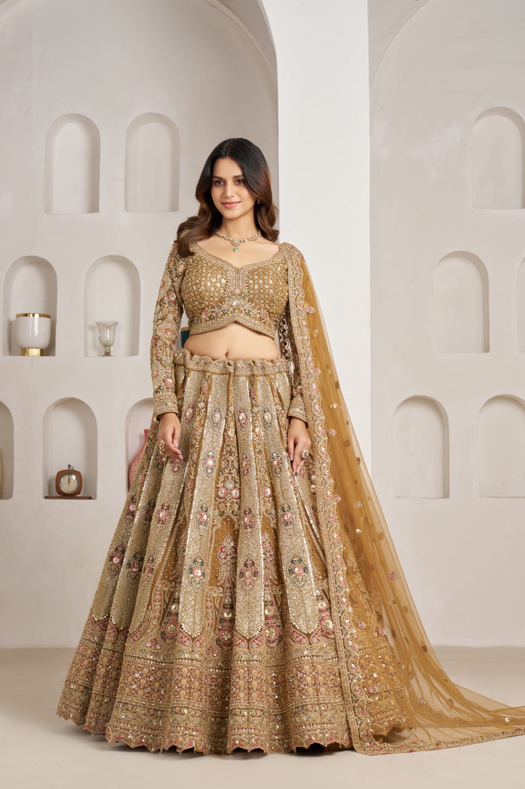 Antique Gold Bridal Lehenga Choli with Net Dupatta