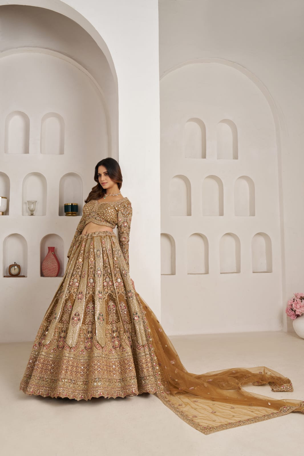 Antique Gold Bridal Lehenga Choli with Net Dupatta