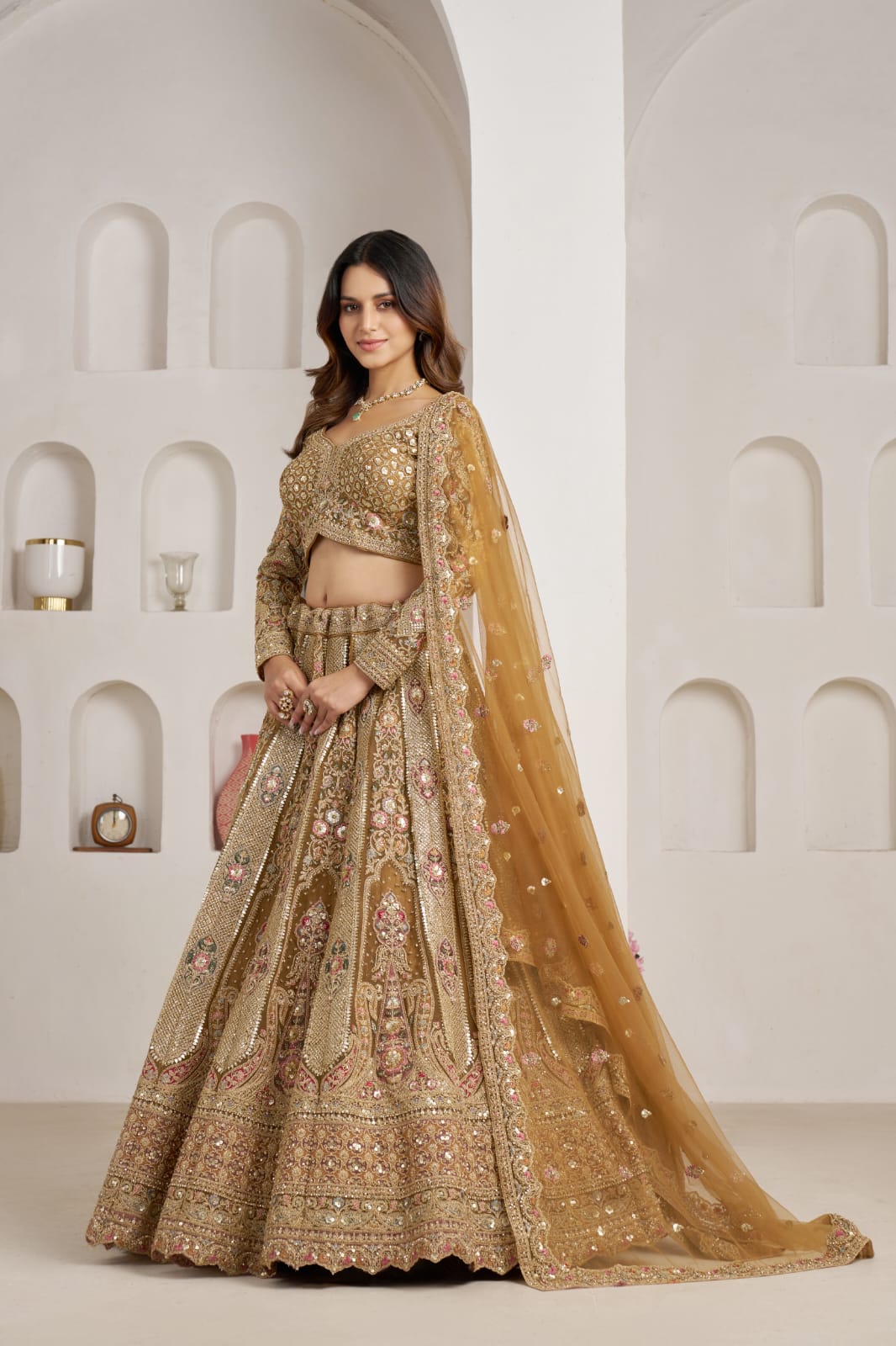 Antique Gold Bridal Lehenga Choli with Net Dupatta