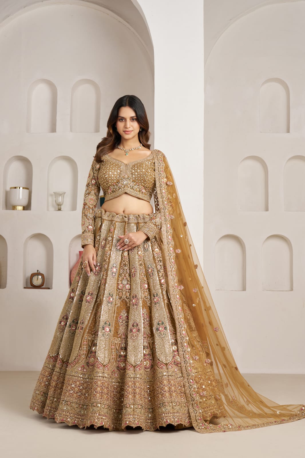 Antique Gold Bridal Lehenga Choli with Net Dupatta