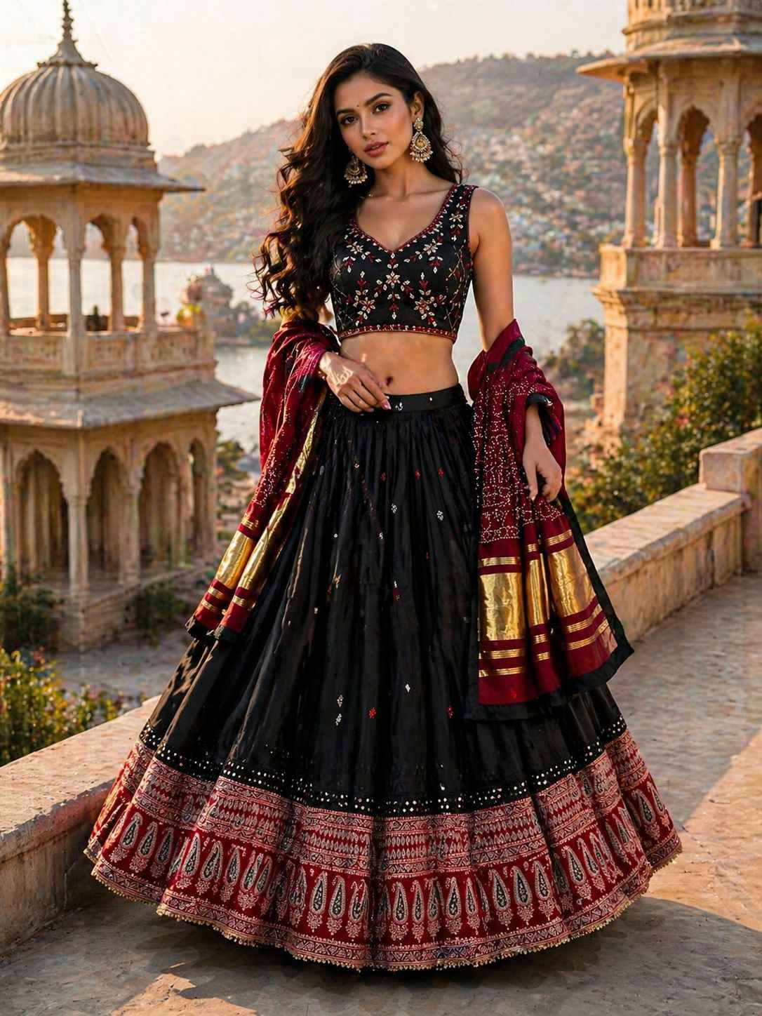 Black Pure Cotton Chaniya Choli with Heavy Ajrakh Border