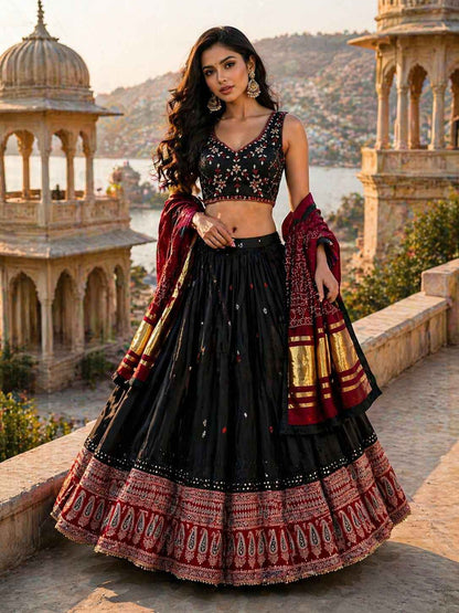 Black Pure Cotton Chaniya Choli with Heavy Ajrakh Border