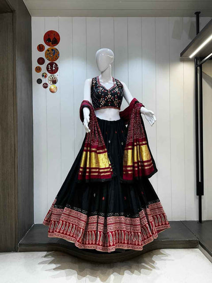 Black Pure Cotton Chaniya Choli with Heavy Ajrakh Border