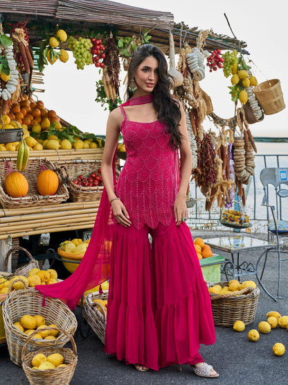 Magenta Embroidered Georgette Sharara Suit Set with Dupatta