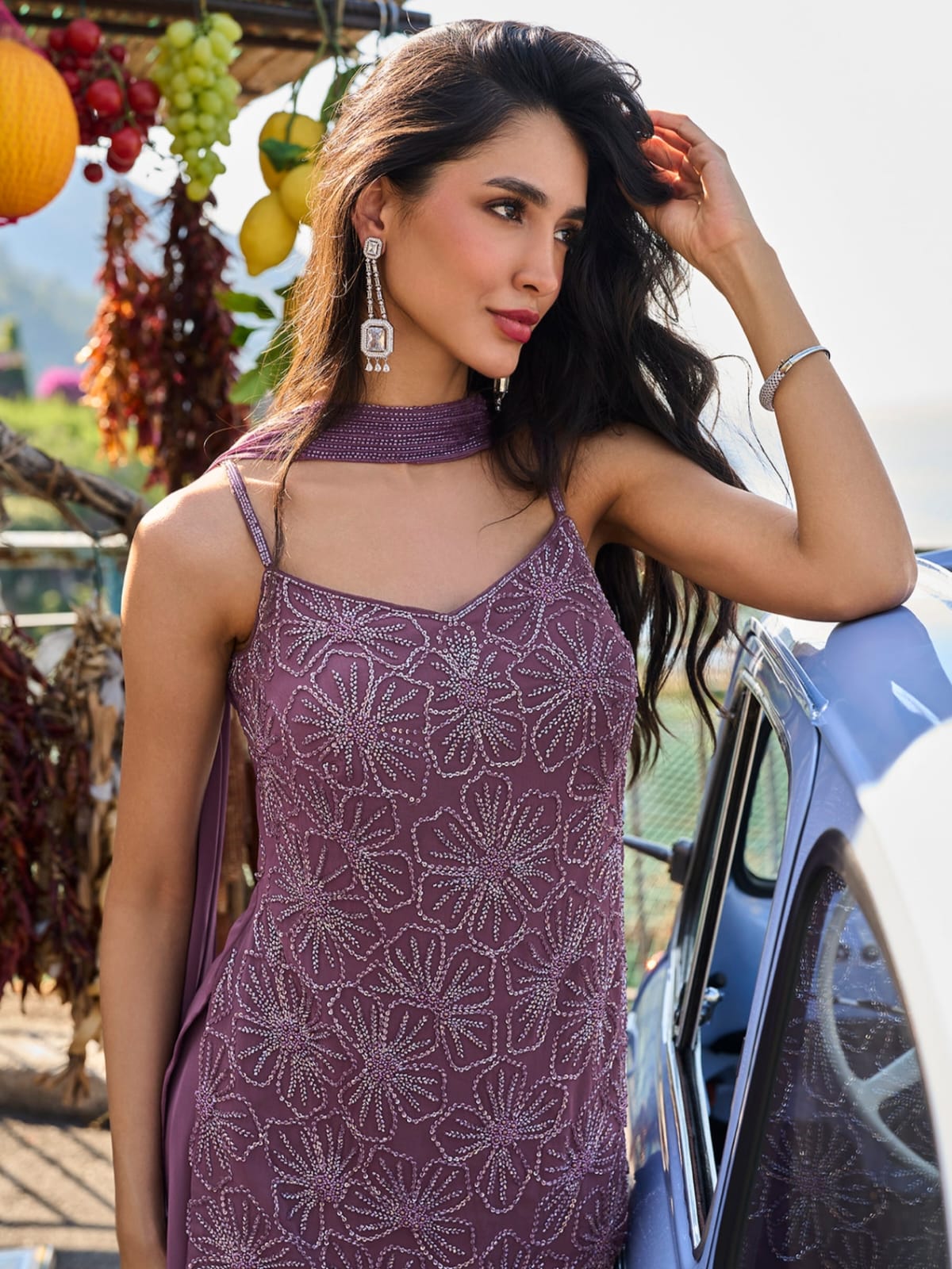 Mauve Embroidered Georgette Sharara Suit Set with Dupatta