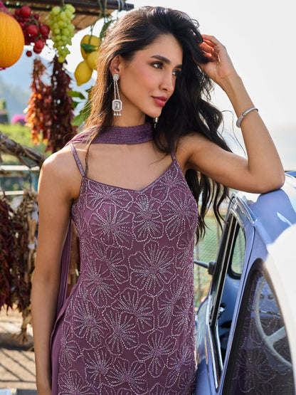 Mauve Embroidered Georgette Sharara Suit Set with Dupatta