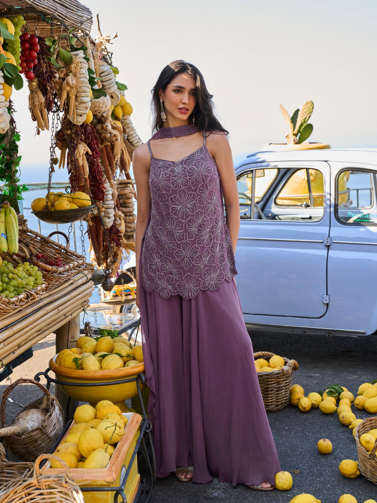 Mauve Embroidered Georgette Sharara Suit Set with Dupatta