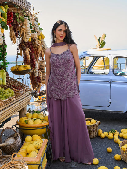 Mauve Embroidered Georgette Sharara Suit Set with Dupatta