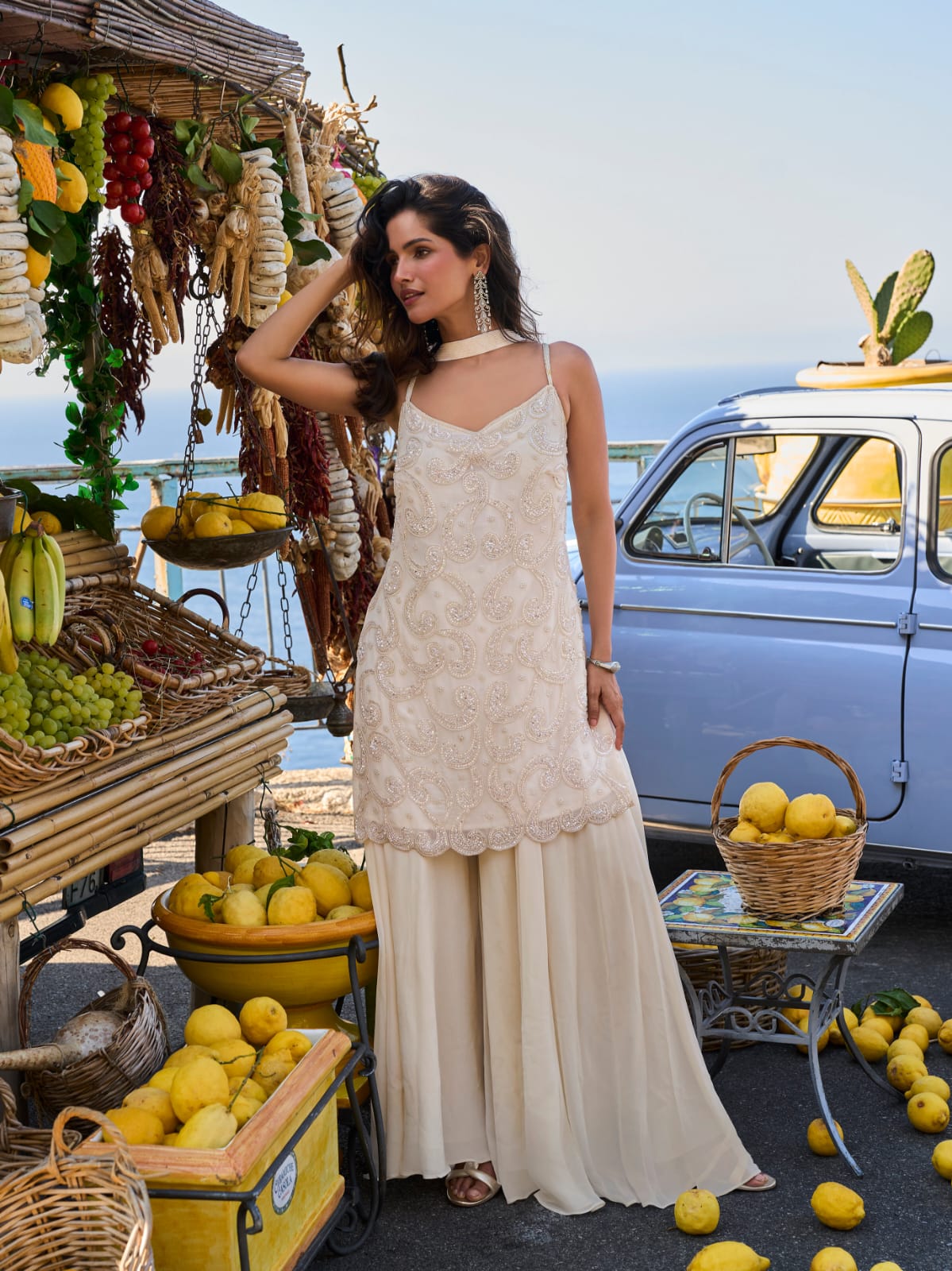Ivory Embroidered Georgette Sharara Suit Set with Dupatta