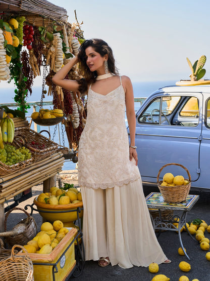 Ivory Embroidered Georgette Sharara Suit Set with Dupatta