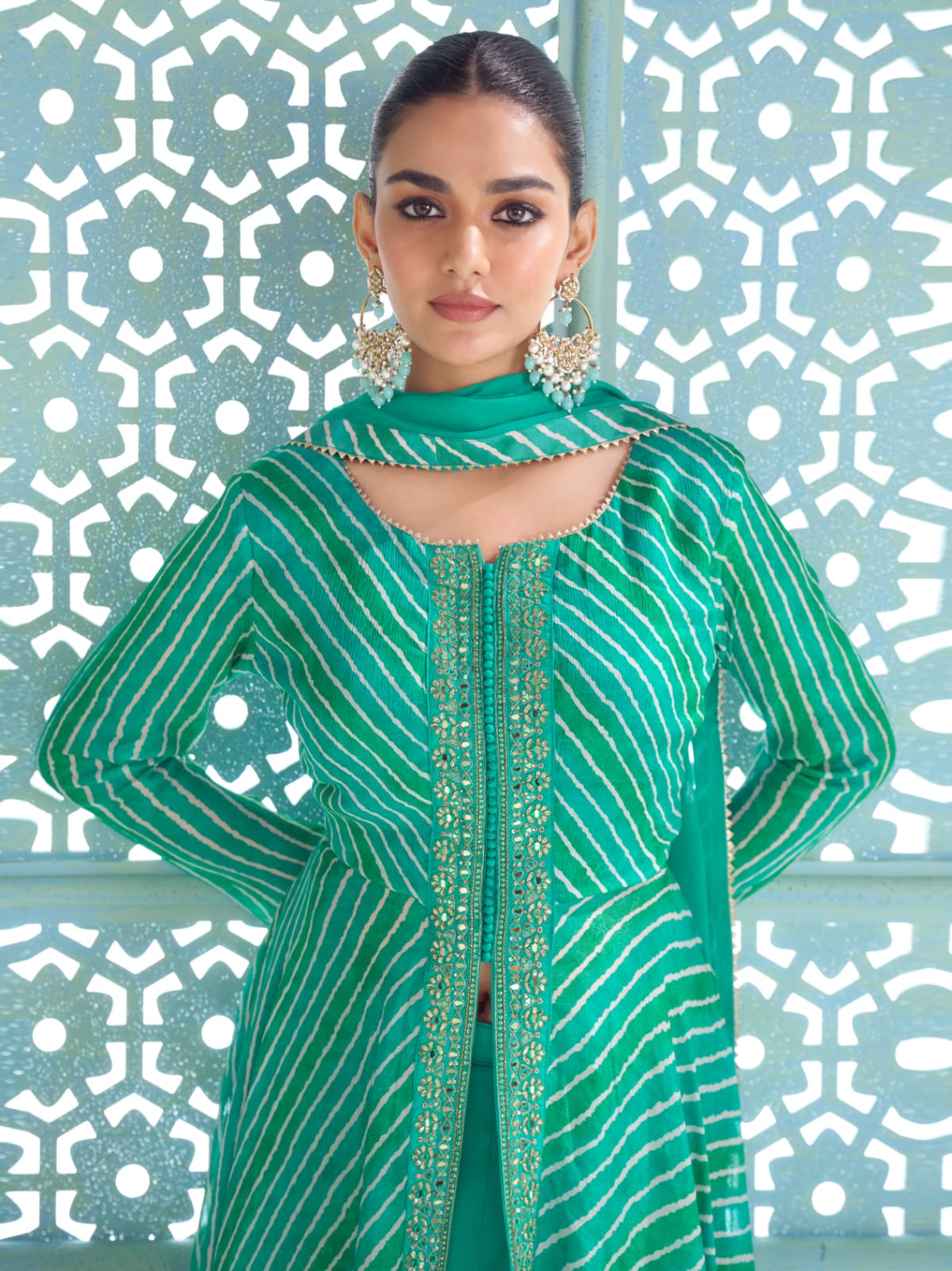Green Digital Printed Embroidered Chinon Anarkali Suit Set
