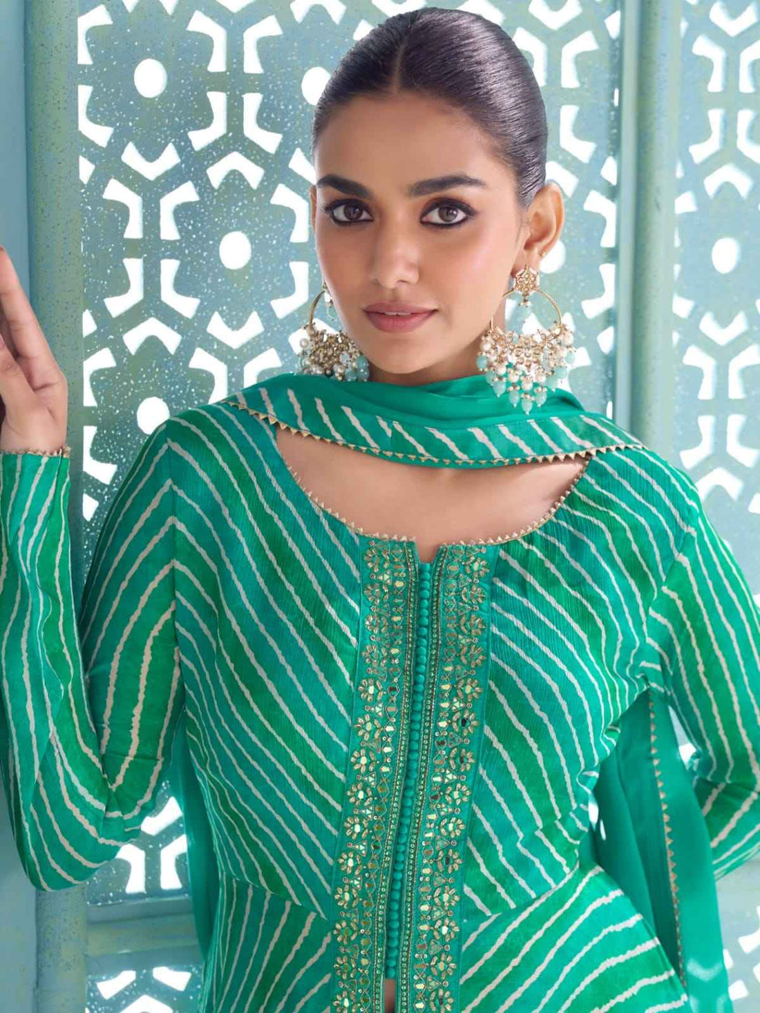 Green Digital Printed Embroidered Chinon Anarkali Suit Set