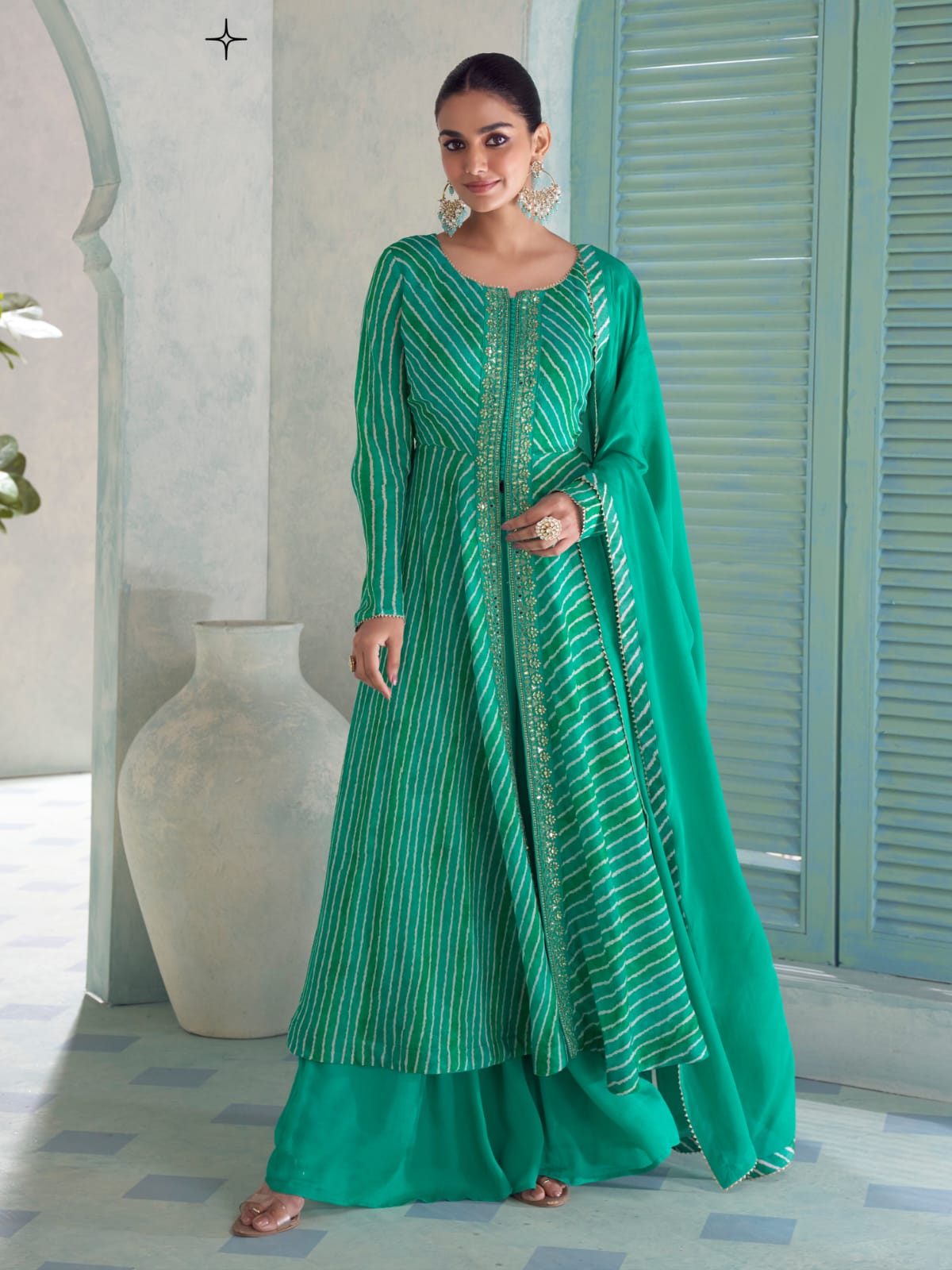 Green Digital Printed Embroidered Chinon Anarkali Suit Set