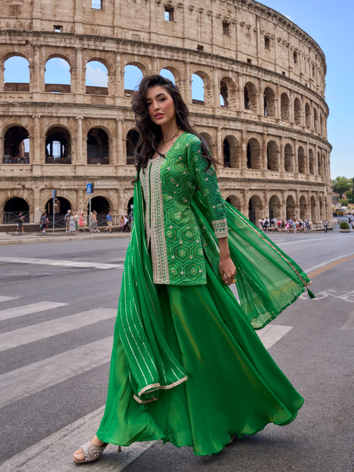 Green Embroidered Silk Sharara Suit Set with Dupatta