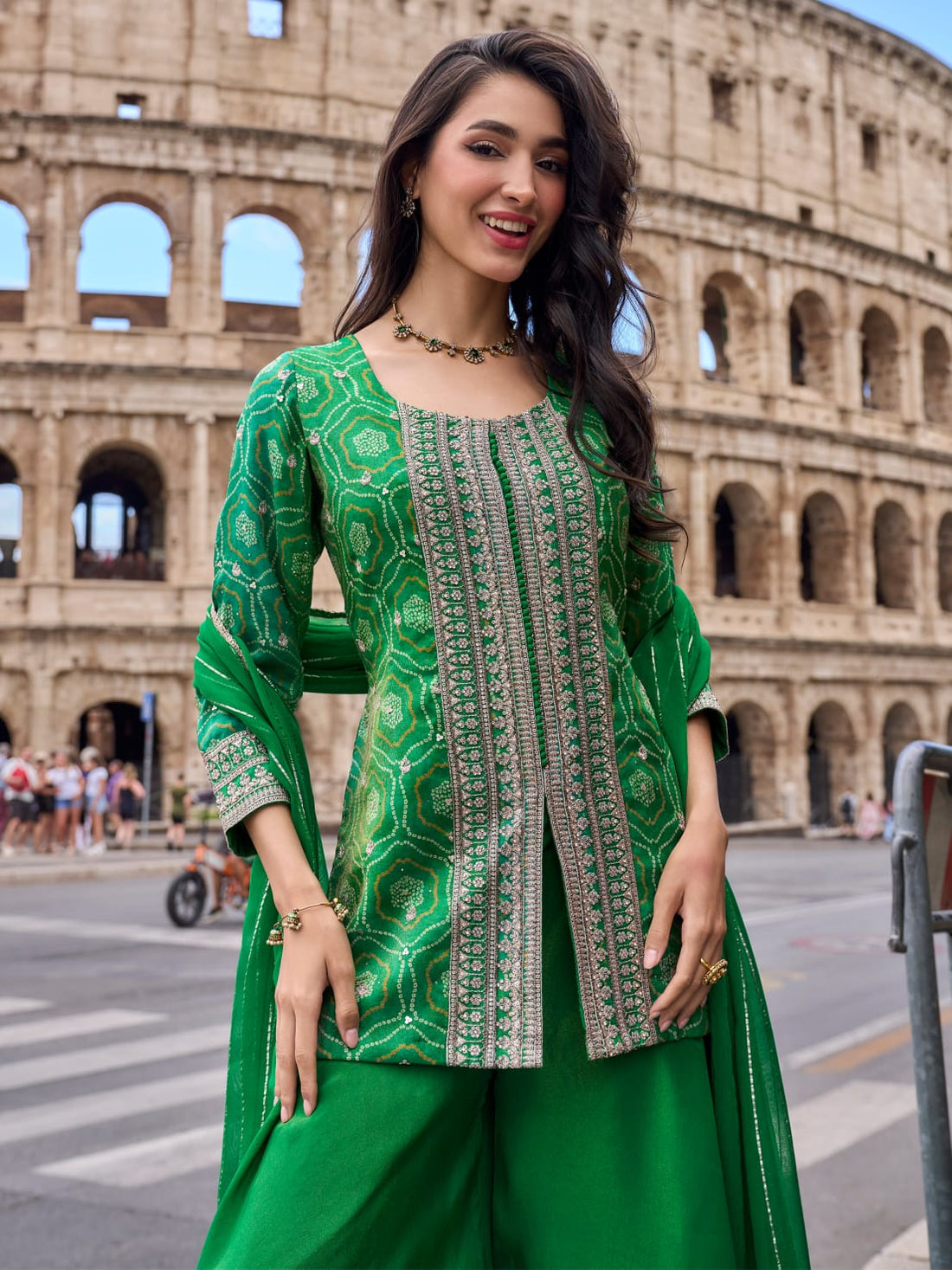 Green Embroidered Silk Sharara Suit Set with Dupatta