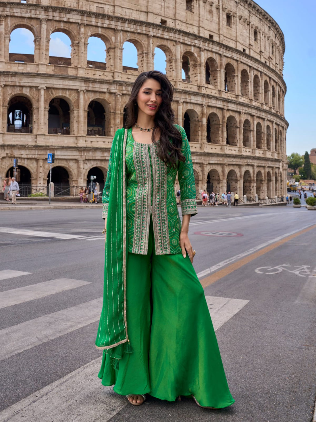 Green Embroidered Silk Sharara Suit Set with Dupatta