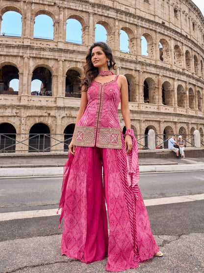 Pink Embroidered Silk Sharara Suit Set with Dupatta