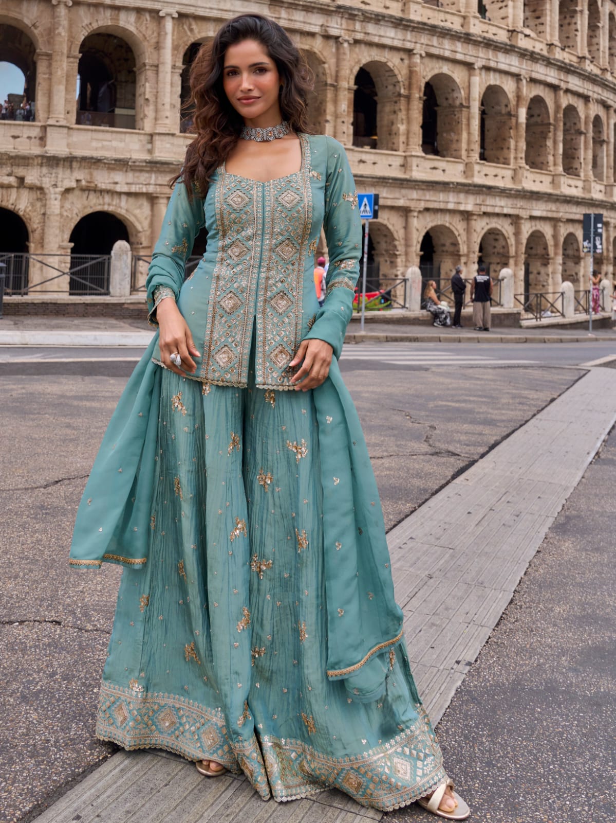Blue Embroidered Real Simar Silk Sharara Suit Set with Dupatta