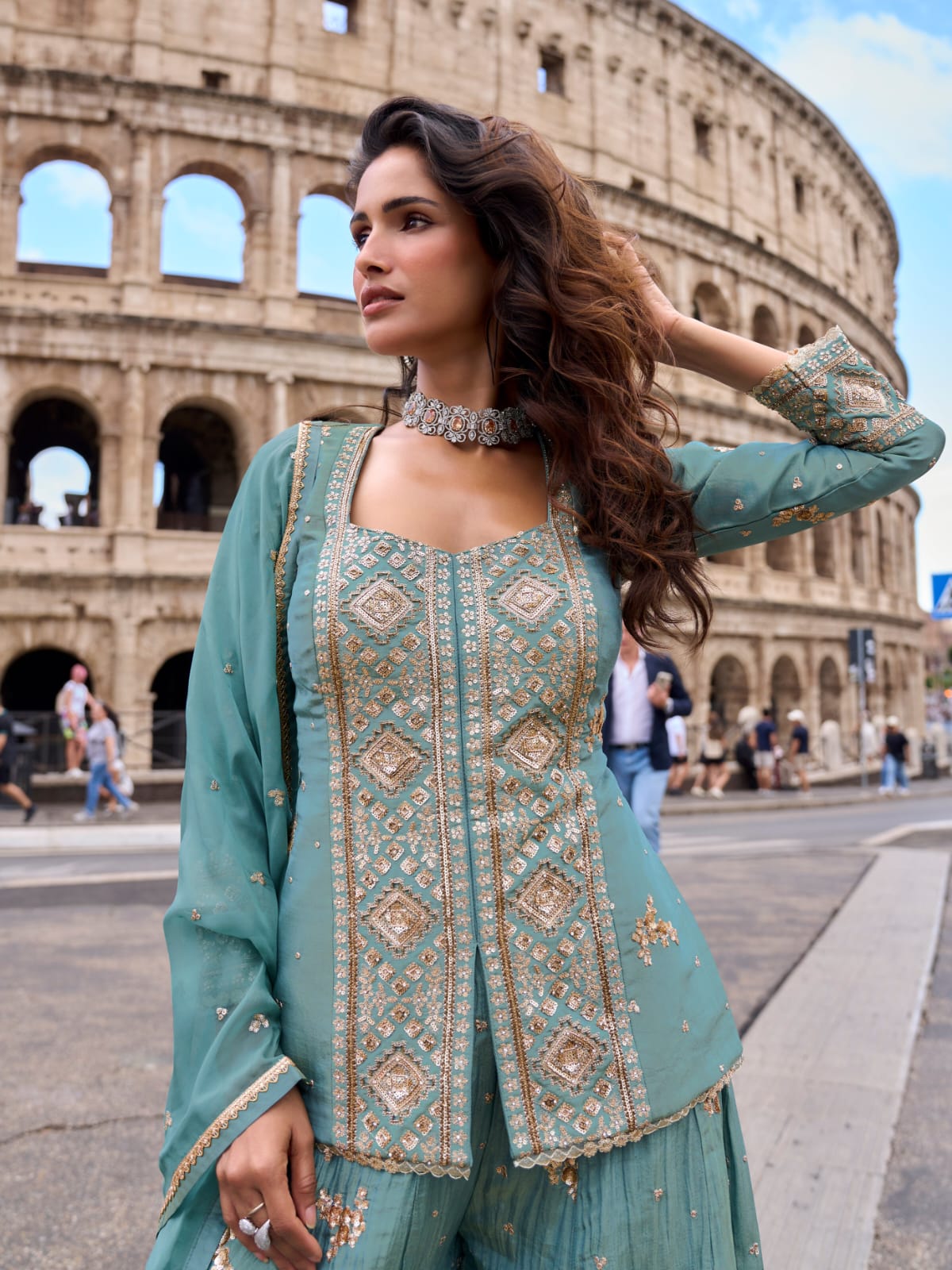 Blue Embroidered Real Simar Silk Sharara Suit Set with Dupatta