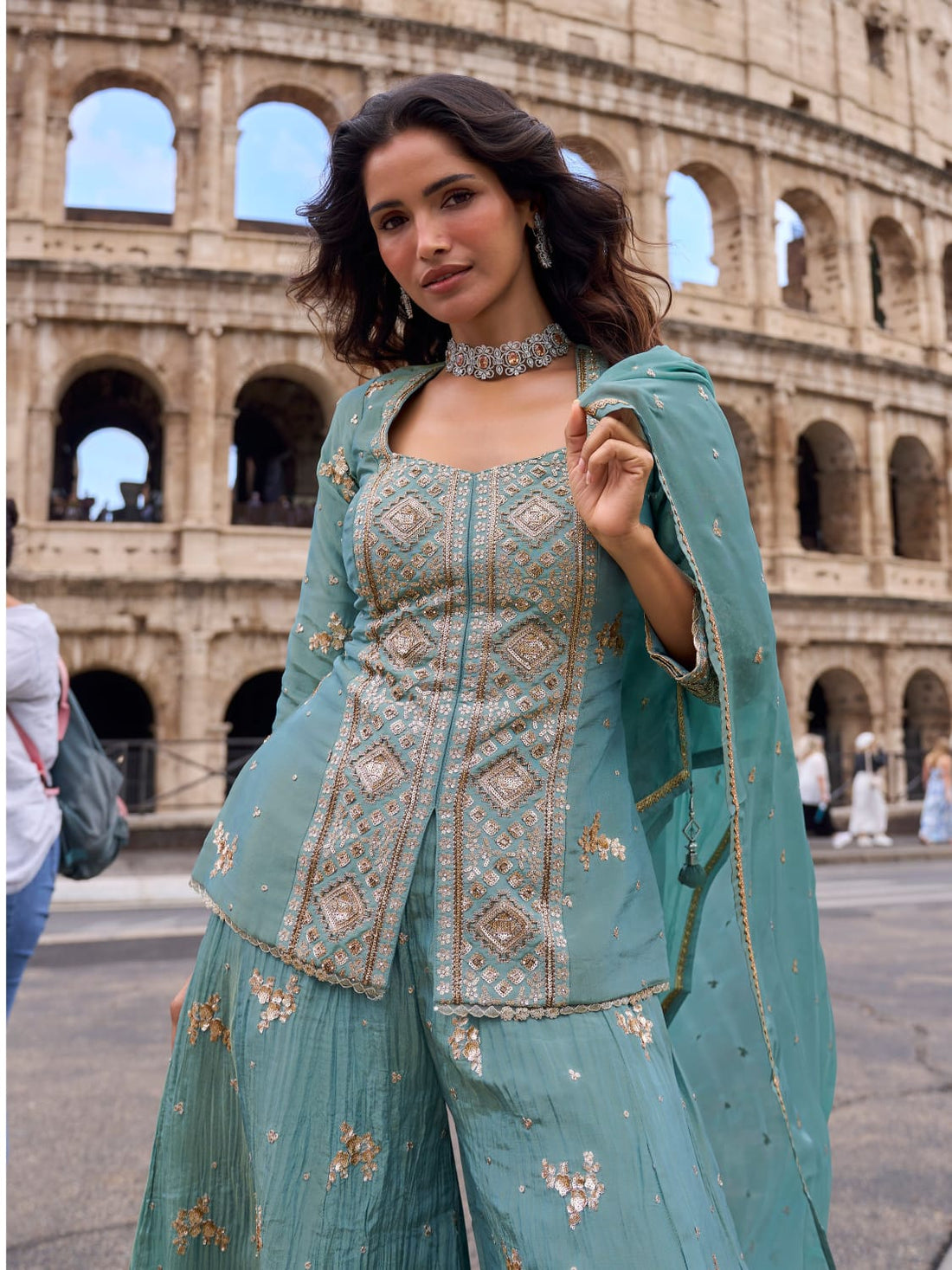 Blue Embroidered Real Simar Silk Sharara Suit Set with Dupatta