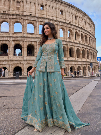 Blue Embroidered Real Simar Silk Sharara Suit Set with Dupatta