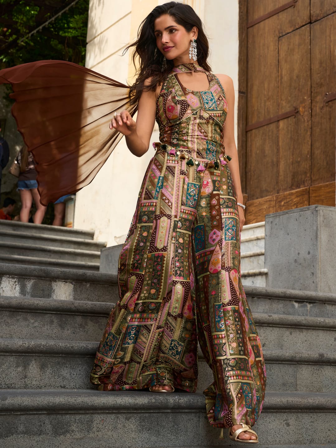 Olive Green Multicolor Jacquard Silk Palazzo Suit Set with Dupatta