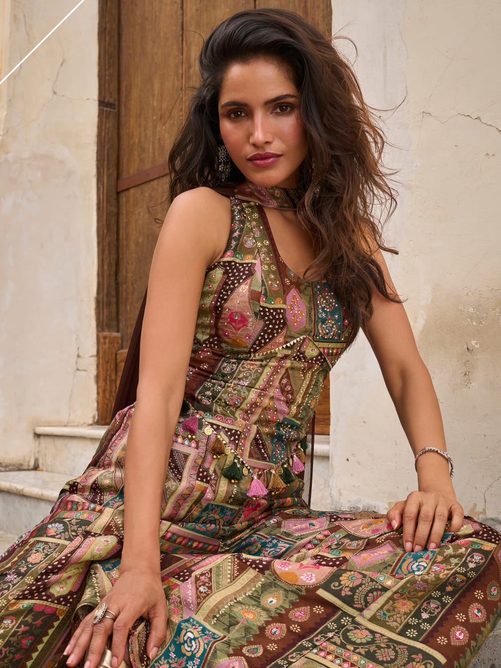 Olive Green Multicolor Jacquard Silk Palazzo Suit Set with Dupatta