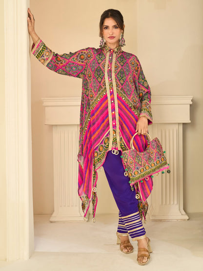 Purple Multicolor Indo-Western Pant Set with Aari &amp; Gota Patti Work