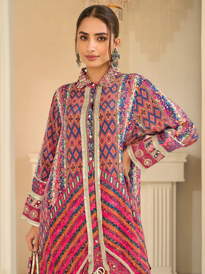 Pink Multicolor Indo-Western Pant Suit Set with Aari &amp; Gota Patti Work