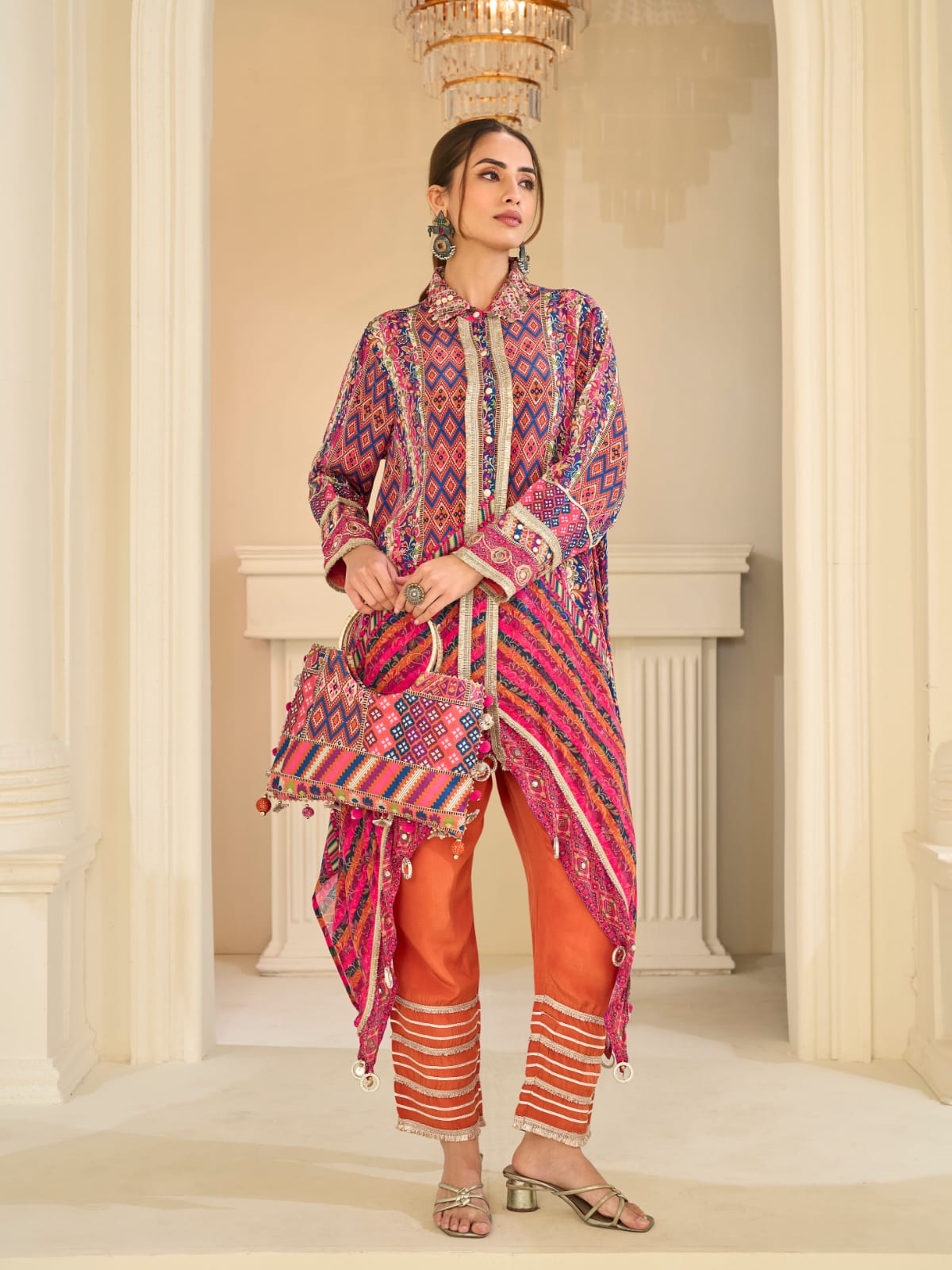 Pink Multicolor Indo-Western Pant Suit Set with Aari &amp; Gota Patti Work