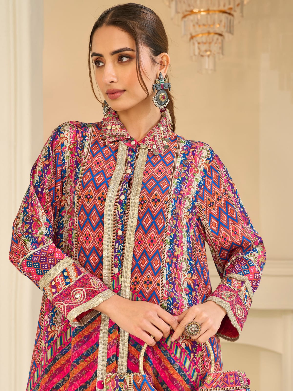 Pink Multicolor Indo-Western Pant Suit Set with Aari &amp; Gota Patti Work