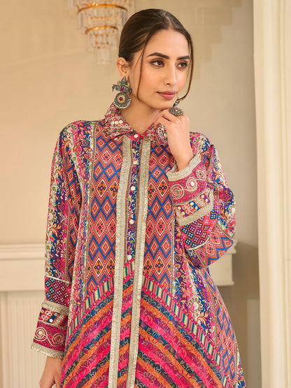 Pink Multicolor Indo-Western Pant Suit Set with Aari &amp; Gota Patti Work