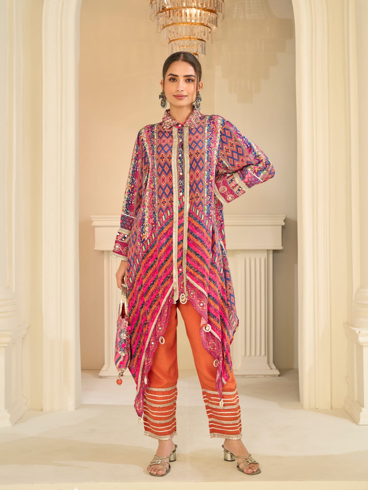 Pink Multicolor Indo-Western Pant Suit Set with Aari &amp; Gota Patti Work