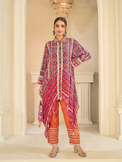 Pink Multicolor Indo-Western Pant Suit Set with Aari &amp; Gota Patti Work