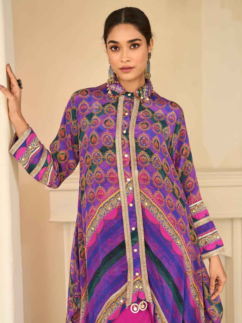 Purple Multicolor Indo-Western Pant Set with Aari &amp; Gota Patti Work