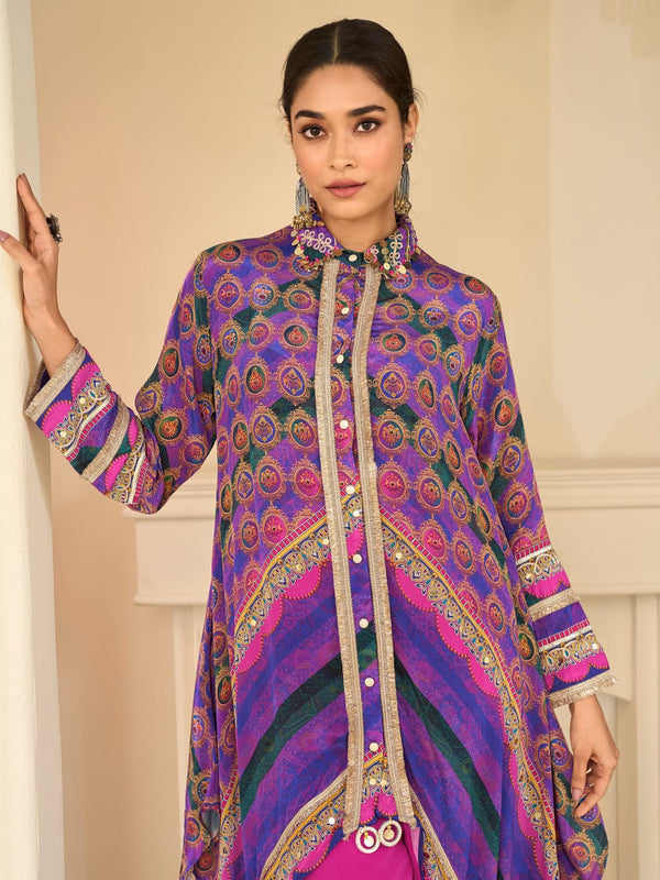 Purple Multicolor Indo-Western Pant Set with Aari & Gota Patti Work
