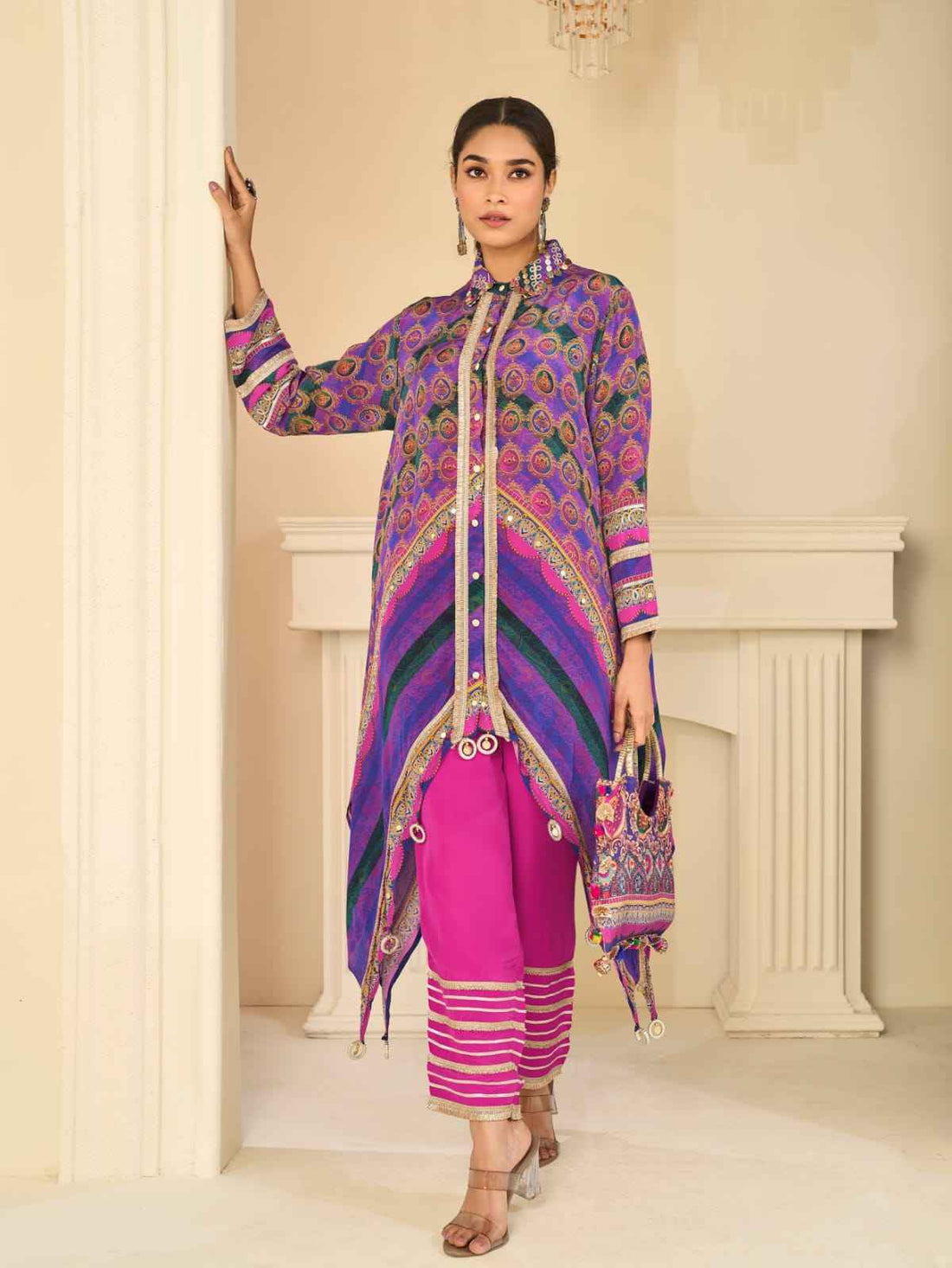 Purple Multicolor Indo-Western Pant Set with Aari &amp; Gota Patti Work