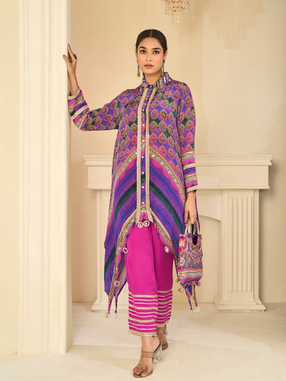 Purple Multicolor Indo-Western Pant Set with Aari &amp; Gota Patti Work