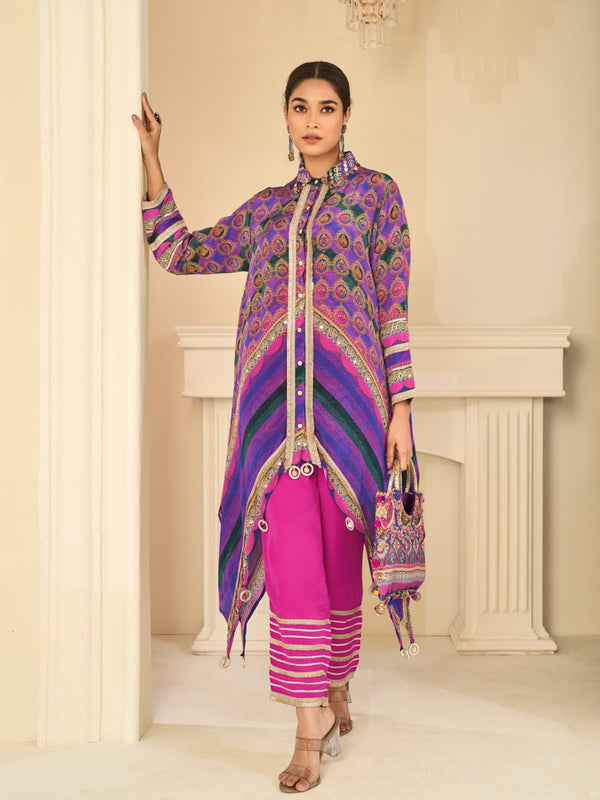 Purple Multicolor Indo-Western Pant Set with Aari & Gota Patti Work